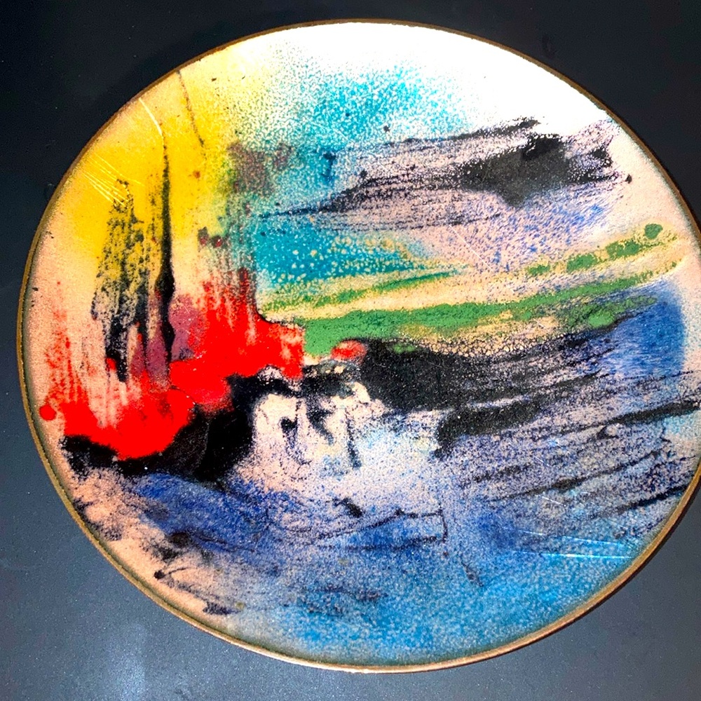 Vintage enamel on copper dish signed by the artist